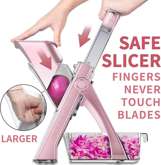 ONCE FOR ALL Upgrade Safe Mandoline Slicer Plus, Adjustable Vegetable Food Chopper Potato Fries French Fry Cutter, Detachable Blade, Kitchen Chopping Artifact, New Kitchen Gift (Pink)