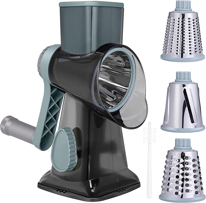 Kaishun Cheese Grater Rotary Grater Sredder Stainless Steel with Vacuum Suction Base Madonline Multi Functional Kitchen Tool Perfect for Easy Shredding and Slicing ((Clear) BlackCyan)