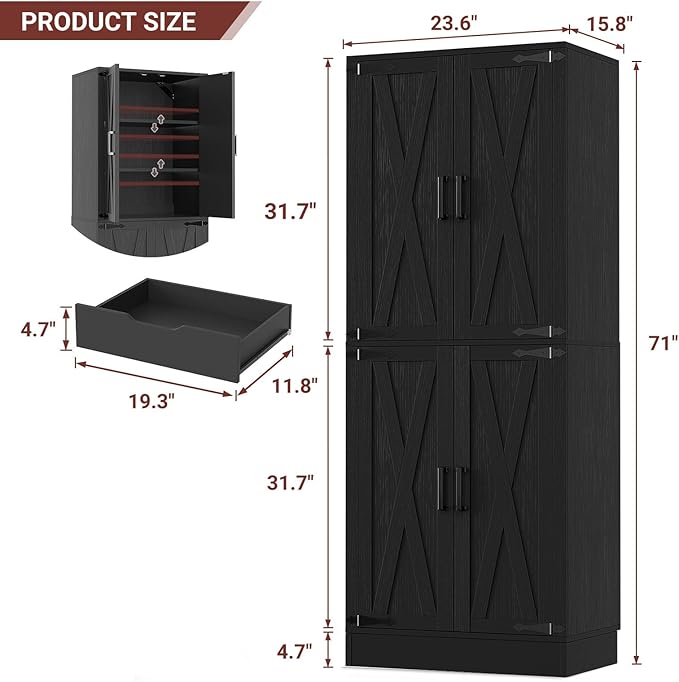 Unikito Kitchen Pantry Cabinet with Farmhouse Barn Doors and Storage Drawer, 4 Adjustable Shelves, Freestanding Tall 71" Cupboard for Kitchen, Dining Room, Living Room, Utility Room, Black