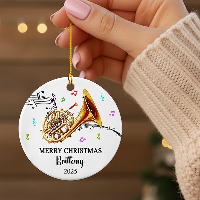 Custom Text Year Name French Horn Player Ceramic Ornament, Personalized French Horn Instrument Xmas Ornaments Gift for Daughter Son Brother Sister, Unique Musical Instrument Lover Christmas Ornament