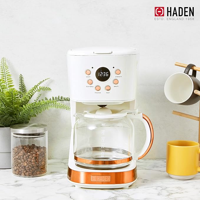 Haden Heritage 2 Slice Wide Slot Stainless Steel Toaster Bundled with 12 Cup Programmable Drip Coffee Maker Coffee Machine, Ivory & Copper