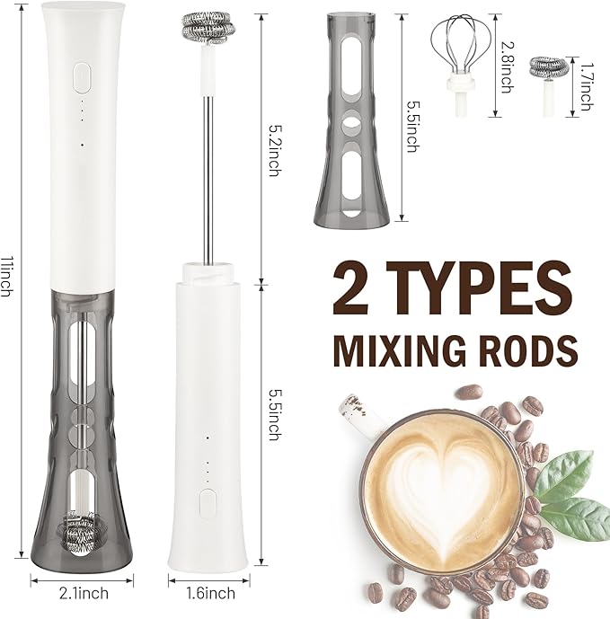 Milk Frother Wand for Coffee, Silent Coffee Foamer Drink Mixer,Handheld Frother Rechargeable Electric Whisk with 2 Heads 3 Speeds for Latte, Cappuccino, Hot Chocolate, Egg(Home and Travel Set White)