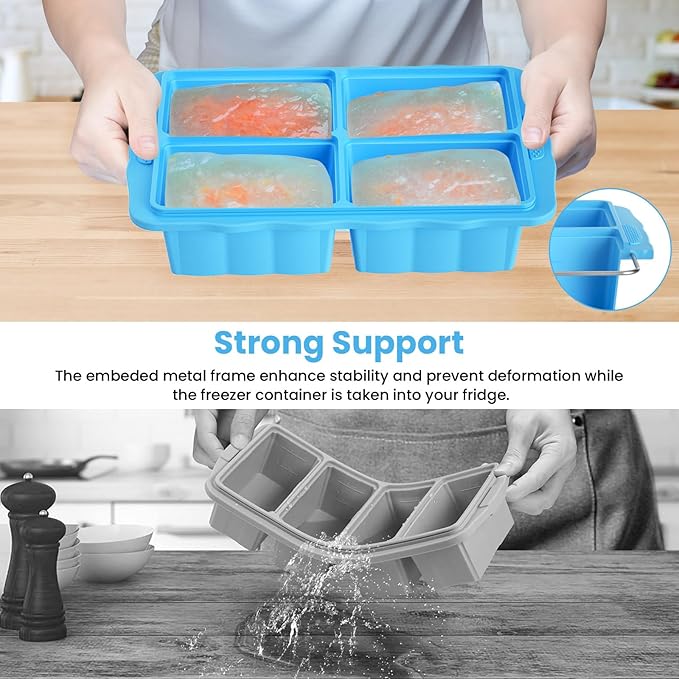 Silicone Freezer Tray With Lid, Silicone Freezing molds, Ice Cube Tray For Food, Release Soup Freezer Molds for freezing food, Soup, and Leftovers-Makes 4 Perfect 1 Cup- 3 Pack.