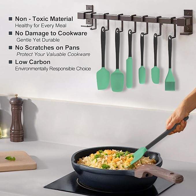 Silicone Spatula Set, 6 Pieces Food Grade Kitchen Utensils with Silicone Brush Heat Resistant Dishwasher Safe BPA-free Rubber Spatula for Scraping, Baking, Cooking, Mixing (Cyan)