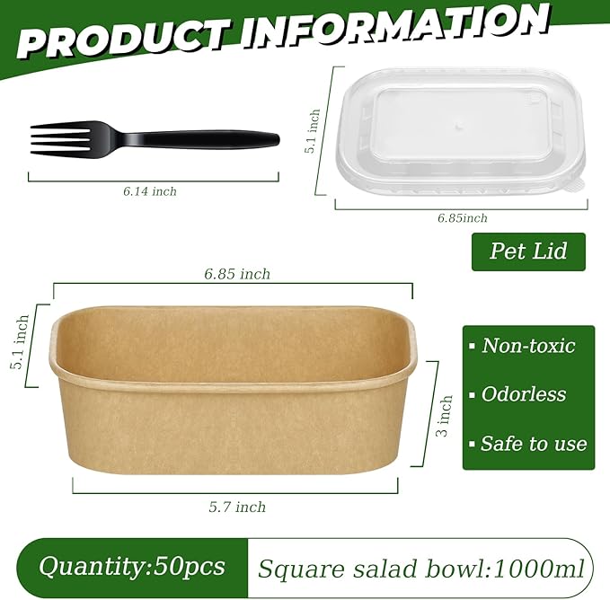 50-Pack 35oz Disposable Kraft Paper Bowls【with Lids and Forks】, Large Meal Prep Containers To Go Food Prep Containers, Leakproof Paper Bowls Treat Soup Serving Bowl, Microwave Safe for Hot/Cold Food