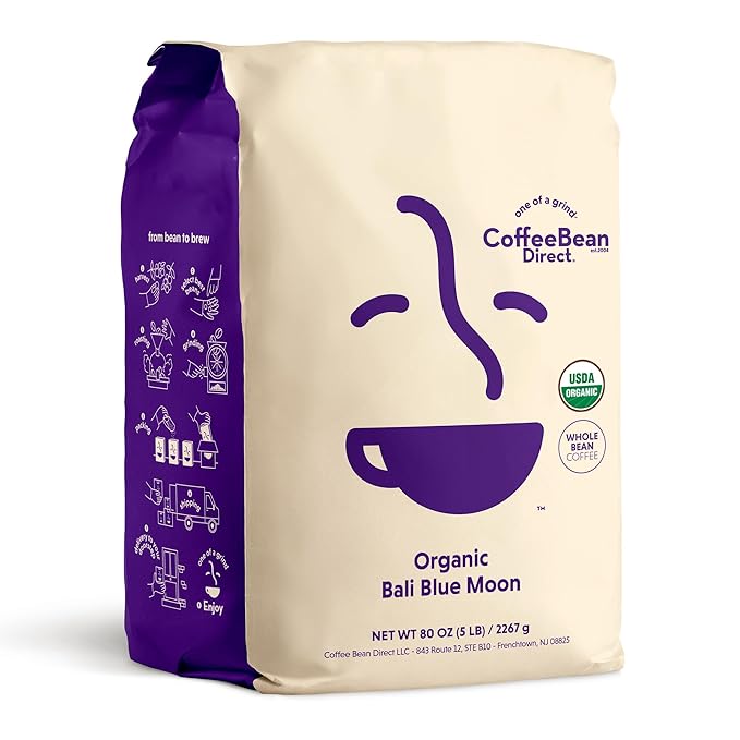 Coffee Bean Direct Organic Bali Blue Moon, Whole Bean Coffee, Light Roast, 5 Pound Bag (Pack of 1)