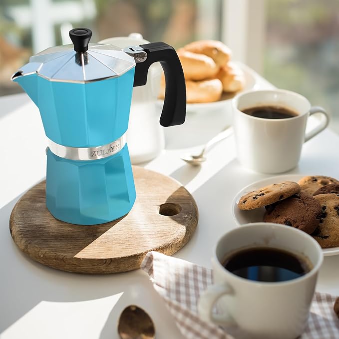 Zulay Premium Moka Pot Espresso - Leak-Proof Stovetop Espresso Maker - Perfect for Authentic Cuban & Italian Style Espresso - Makes 6 Espresso Cups - Light Blue