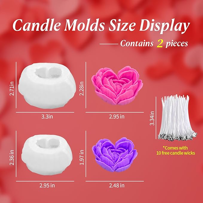2Pcs Heart Flower Candle Wax molds Silicone Shapes for Candle Making Valentine Day Large Flower Candle Making Valentine Silicone Wax Mold for Candles moldes de silicona para velas
