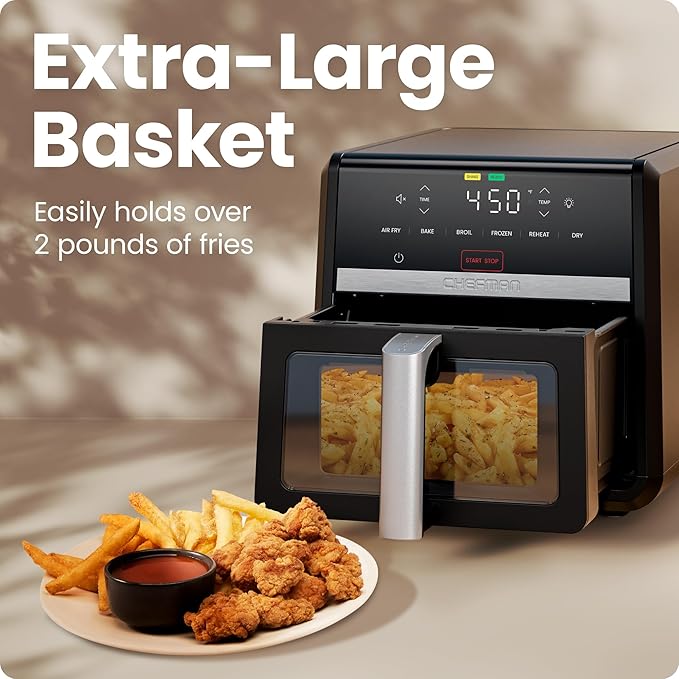 Chefman Air Fryer TurboFry 9-Qt, 6-in-1 High-Powered 450°F Cooking for Crispier French Fries, Chicken, and Onion Rings, XL Windowed Basket, Air Fry, Bake, Broil, Reheat, Dehydrate, Defrost – Black