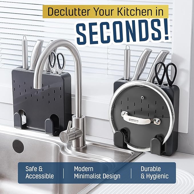 Wall Mounted Knife & Cutting Board Holder – Self-Adhesive Pot Lid and Utensil Organizer with 4 Slots for Knives, Scissors & Kitchen Tools | Space-Saving Under Cabinet Storage Rack
