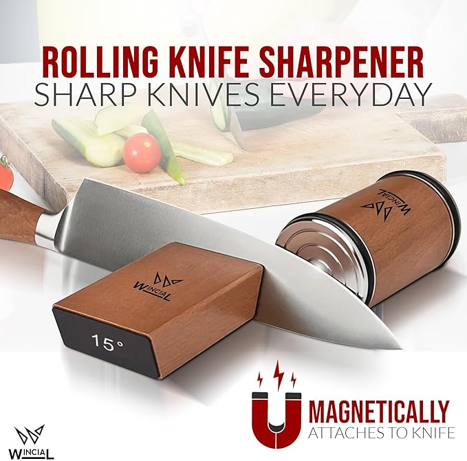 Rolling Knife Sharpener | Professional 15° Angle Manual Knife Sharpener For Japanese & Precision Blades with Magnetic Base & Non-Slip Grip