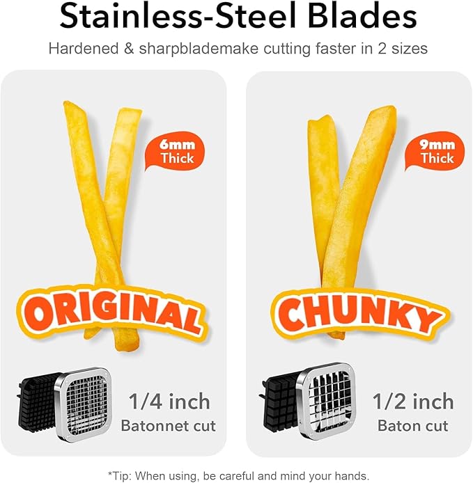 French Fry Slicer, Stainless Steel Potato Cutter with 1/4 inch and 1/2 inch Blades for Thin and Thick Fries, Commercial French Fry Cutter for Homemade Sweet Potatoes Carrots, and Cucumbers
