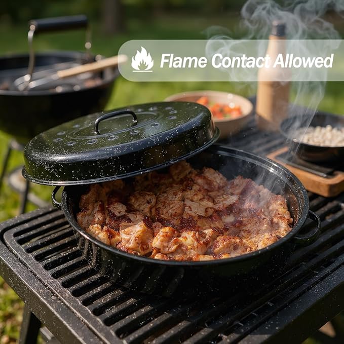 Turkey Roaster Pan 18in Roasting Pan With Lid Enamel Carbon Steel Roaster Pot with 16in Inner Diameter,18 pound large capacity Resistance up 900°F Oval Cookware