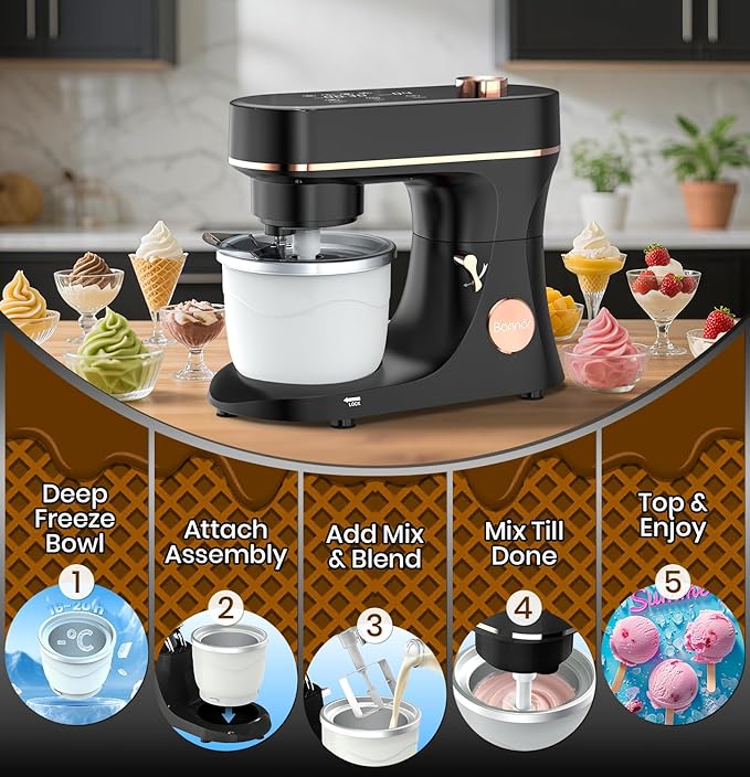 Stand Mixer Set, 6QT Kitchen Mixer with LED Touchscreen, 11-Speed Tilt-Head Mixer with Timer, 4 Preset Menus, Stainless Steel Bowl, Hook, Whisk, Beater,Plus 2QT Ice Cream Maker Attachment,Black