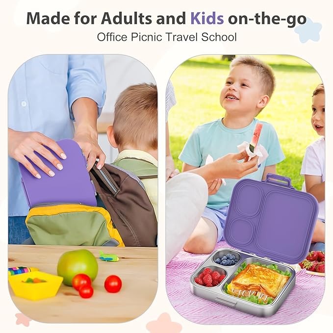 Stainless Steel Bento Box Kids, Leak Proof Metal Bento Lunch Box,3 Compartments 304 Stainless Steel Bento Lunch Containers for School and Office,BPA-Free(Purple)