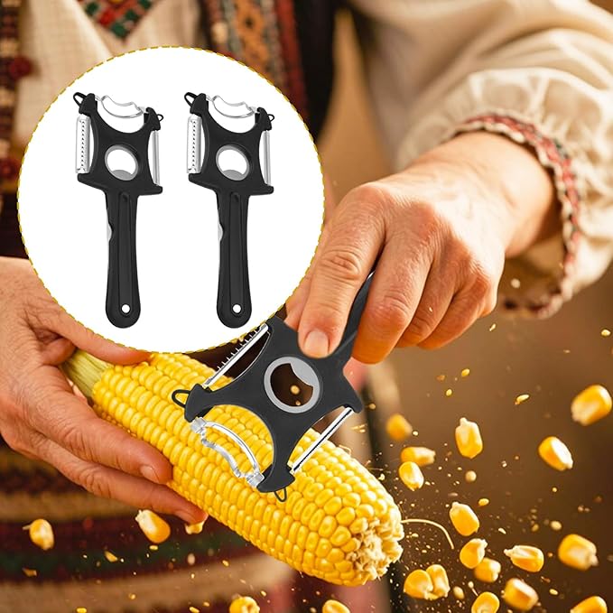 2pcs 6-in-1 Corn Stripper, Multi-Function Shucker Vegetable Fruit Peeler Potato Grater Cutter All-in-One Kitchen Grater Tool for Home Restaurant & Outdoor Use Sheller (Black)