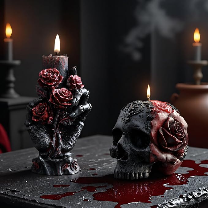 Halloween Candle Molds Kit with 50pcs Wax Core, Spooky 3D Ghost & Skeleton Candle Mold Kit for DIY Halloween Candles, Soap, and Resin Crafts, Home Party Decor Skull Flower Hand(B-Hand)