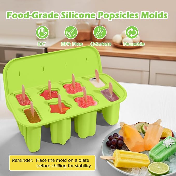 Popsicles Molds, 8-Cavity Silicone Popsicle Molds with 50 Sticks, BPA-Free Ice Pop Mold Popsicle Maker with Funnel & Cleaning Brush for Kids Adult Teens