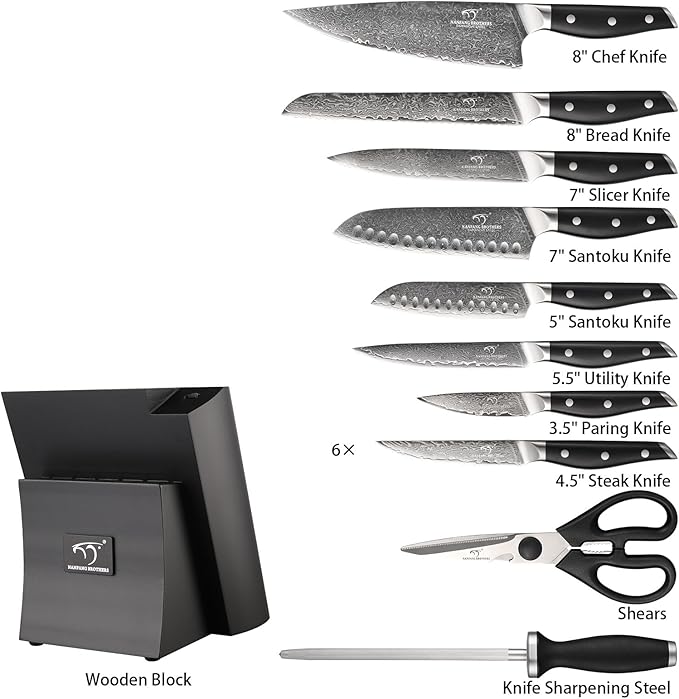 Damascus Knife Set with Block for Kitchen, VG10 Steel Chef Knife Set with Triple-Rivet Handles, Knife Sharpener, Natural Ash Wooden Knife Block, 10PCS