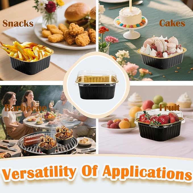 50 Pcs Mini Square Baking Cups with Lids,10oz Aluminum Foil Mini Cake Pans with Lids,Disposable Ramekins Cake Pans,300ml Dessert Cups Cupcake Pans for Wedding Birthday Party,Blackgold