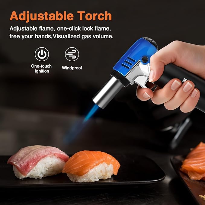 Butane Torch Lighter Refillable with Adjustable Flame Kitchen Torch for Creme Brulee Baking BBQ Cooking Soldering One Hand Operation with Fuel Window Safety Lock (Butane Gas Not Included)