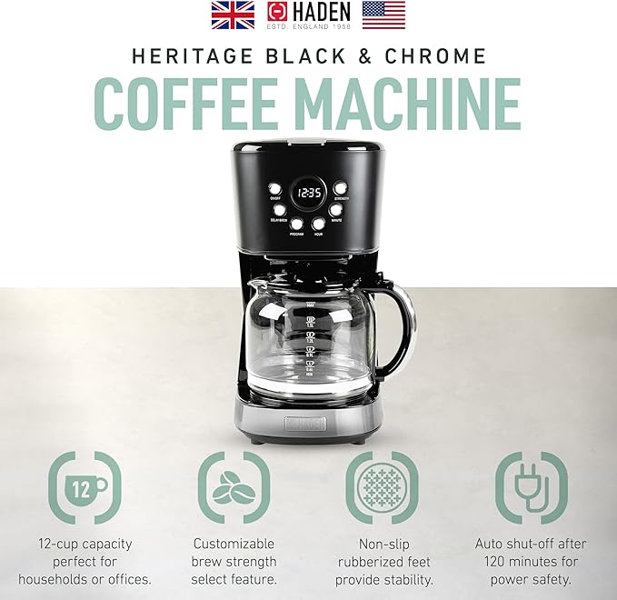 Haden Coffee Machine, 12 Cup Programmable Drip Coffee Maker with Auto Shut-Off Function and Reusable Washable Water Filter, Black & Chrome