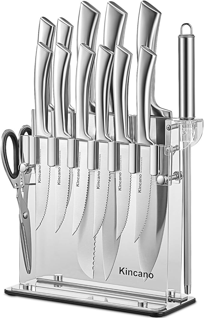 Knife Set, 14 PCS High Carbon Stainless Steel Super Sharp Kitchen Knife Set for Chef with Acrylic Stand, include Steak Knives, Sharpener and Scissors, Ergonomical Design by kincano