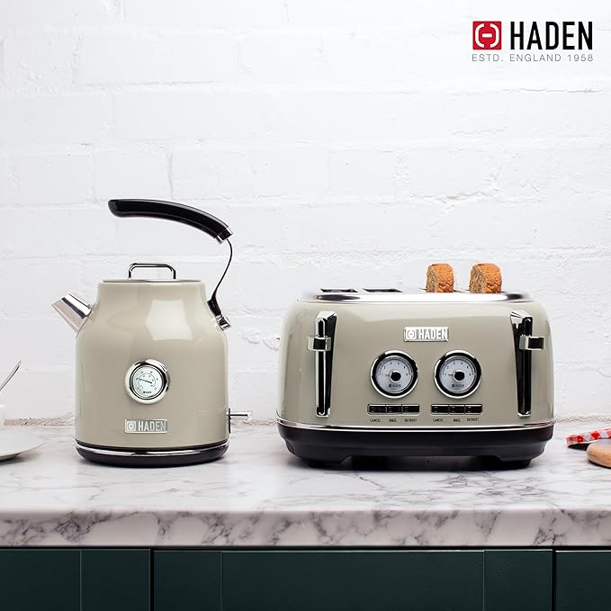 Haden Dorset 4 Slice Wide Slot Stainless Steel Toaster Bundled with 1.7 Liter Stainless Steel Electric Kettle with 360-Degree Base, Putty & Chrome