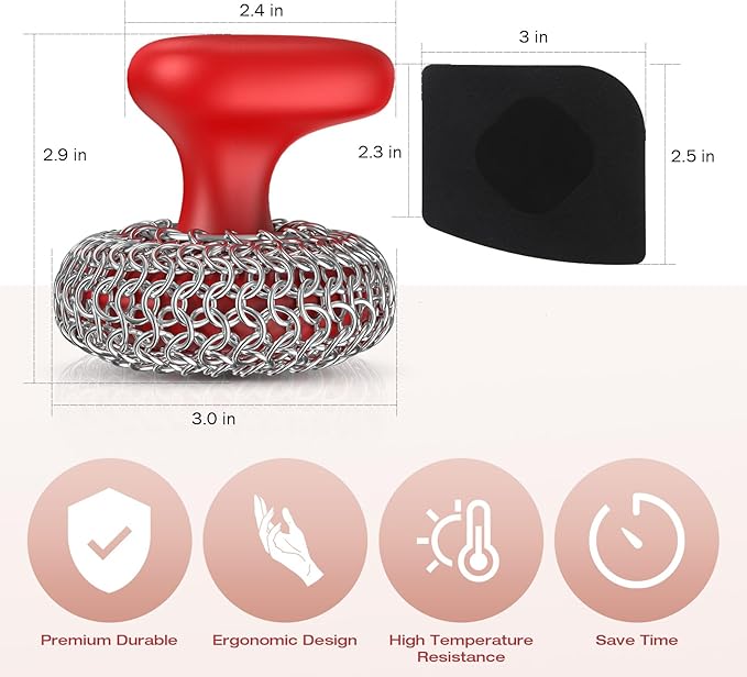 Cast Iron Scrubber | Dish Scrub Brush | 316 Cast Iron Cleaner Chainmail Scrubber for Pan Skillet Cleaner - Red