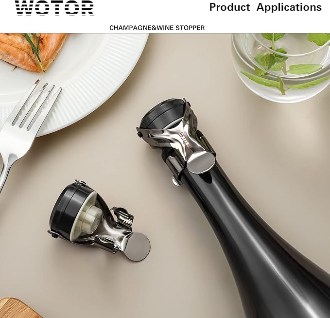 WOTOR Champagne&Wine Bottle Stoppers Stainless Steel with Food Grade Silicone, Leak Proof Keep Fresh Reusable Saver, Cork Suitable for Wine, Champagne, Cava, Prosecco and Sparkling (2 Pack Black）