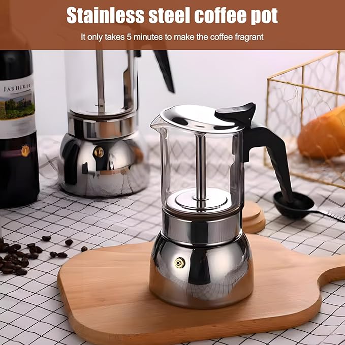 Stovetop Espresso Maker, 6Cup 300ML Stainless Steel Stovetop Italian Coffee Maker Transparent Glass Moka Pot, Coffee Maker Mocha Pot for Home Cafe Outdoor Office