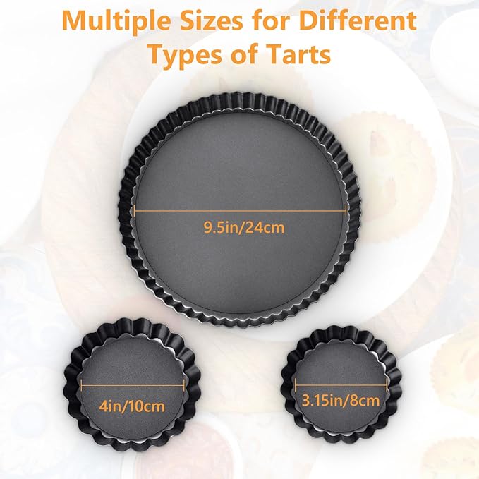 Layhit 34 Pcs Tart Pans - 2x 9.5" + 16x 3" Small + 16x 4" Mini Non Stick Tart Pans with Removable Bottom for Baking, Heavy Duty Carbon Steel Quiche Molds