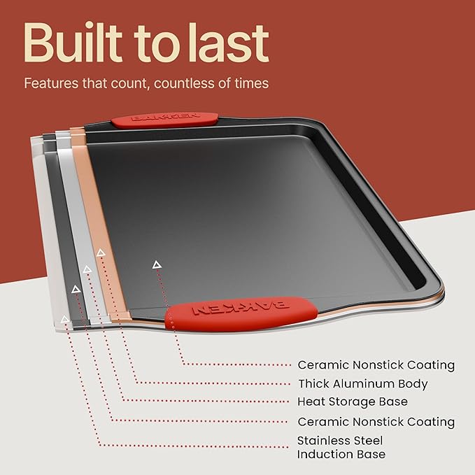 BAKKEN Kitchen Baking Pan Set - Nonstick Coating, Carbon Steel Bakeware Sets with Red Silicone Handles, Baking Kitchen Essentials, PFOA, PFOS, PTFE Free, Oven Safe Tray (Up To 450° F), Set of 18