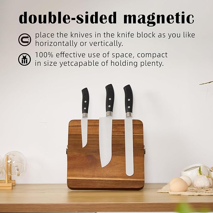 Double-Sided Magnetic Knife Block, Acacia Wood Kitchen Knife Holder, Universal Storage Organizer