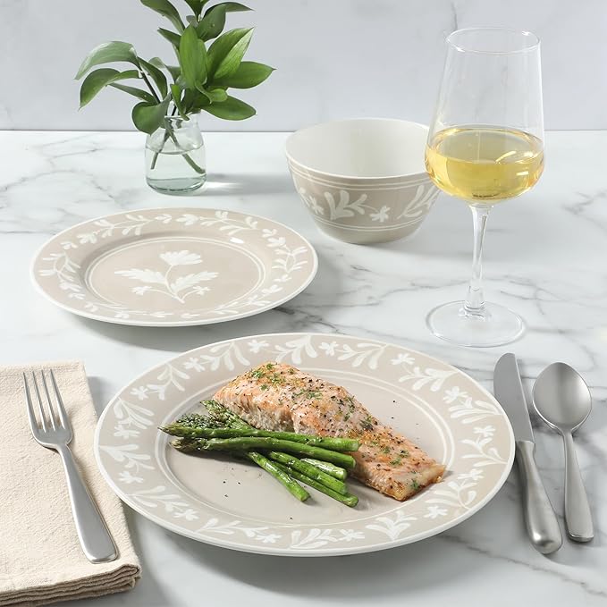 Martha Stewart Maiden Crown 12-Piece Taupe Dinnerware Set – Vegan Bone China Ceramic Plates & Bowls – Floral Design – Service for 4 – Dishwasher & Microwave Safe