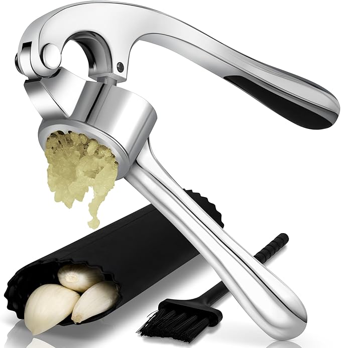 Premium Garlic Press, Garlic Mincer Set of 3 with Silicone Roller Peeler & Cleaning Brush, Extremely Durable Garlic Crusher, Ergonomic Handle, Extracts Most Garlic Paste Per Clove