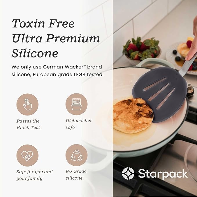StarPack Premium Flexible Wide Silicone Turner Spatula - High Heat Resistant to 600°F, Hygienic One Piece Design, Non Stick Rubber Kitchen Utensil for Fish, Egg, Pancakes, Cookies & more (Stormy Grey)