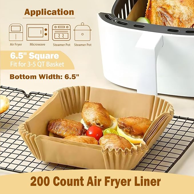 200 Pcs 6.5" Air Fryer Liner,Square Baking Parchment Airfryer Paper Unbleached Disposable Non-stick & Non-Leak & Non-Washing Paper Liner for 3-5 QT Air Fryer Basket