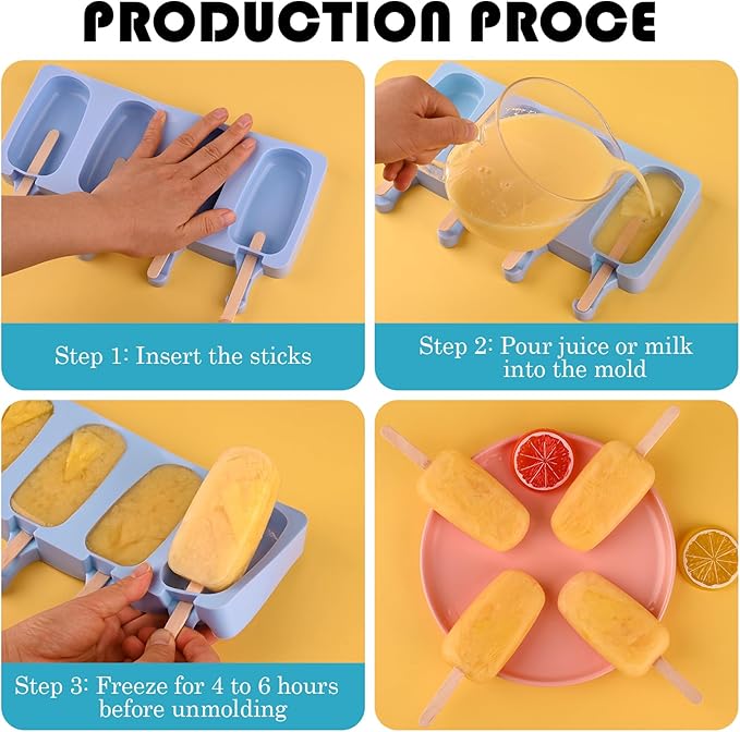 Sakolla Large Silicone Popsicle Molds Set of 3, Oval 4 Cavities Homemade Ice Pop Molds with 150 Wooden Sticks for Ice Cream, Cakesicles, Cake Pop (Blue)