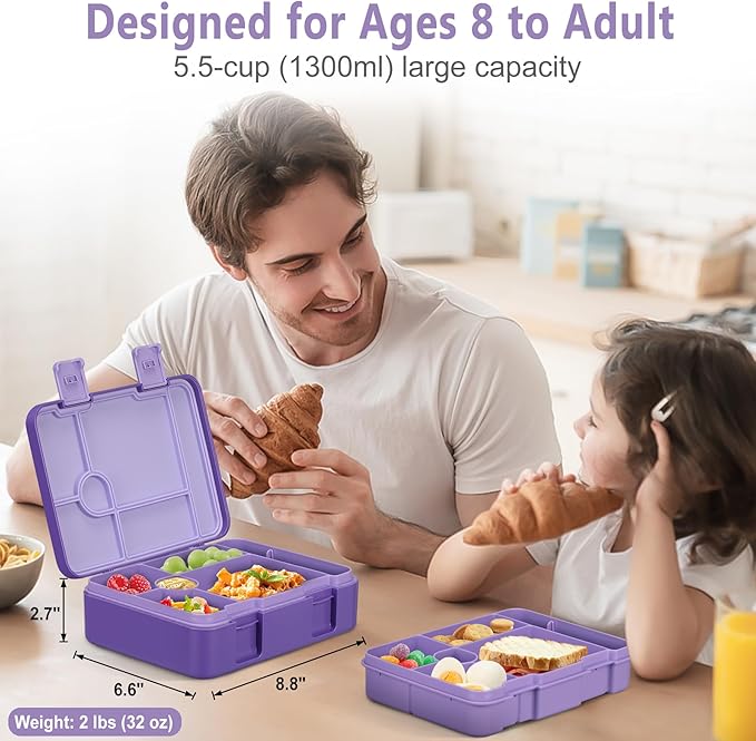 Chill Lunch Box Kids, Leak Proof Adult Bento Box with Ice Pack, 6 Compartment Lunch Container with Utensils for Girl Boy Back to School, 5.5-Cup Capacity, Dishwasher Safe, BPA Free