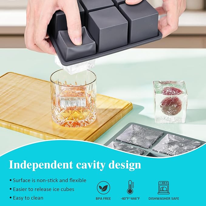Large Ice Cube Tray for Whiskey: 2inch Big Silicone Ice Trays with Lid for Whisky - 3Pack Old Fashioned Ice Cube Trays for Cocktail - Huge Square Cubed Bourbon Ice Cube Maker