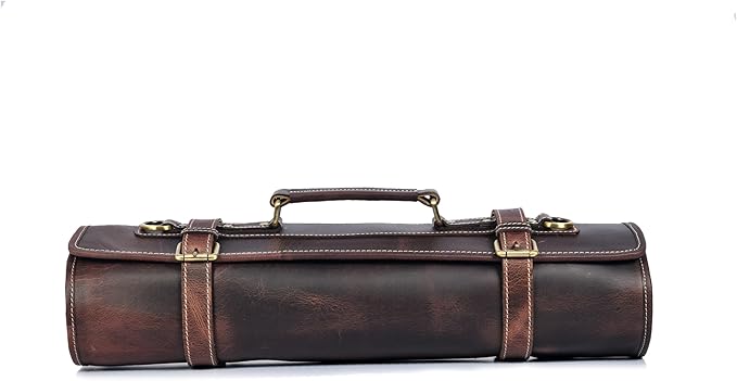 Leather Knife Roll Storage Bag, Elastic and Expandable 10 Pockets, Adjustable/Detachable Shoulder Strap, Travel-Friendly Chef Knife Case (Florida Brown, Leather)
