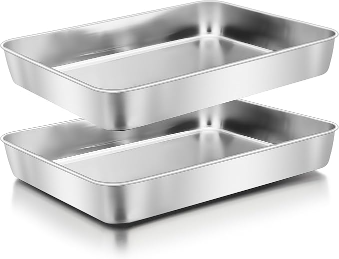 Herogo Rectangle Cake Pan Set of 2, 9 X 13 Inch Stainless Steel Baking Pan for Oven, Lasagna Brownies Casseroles Cakes Bakeware, Dishwasher Safe
