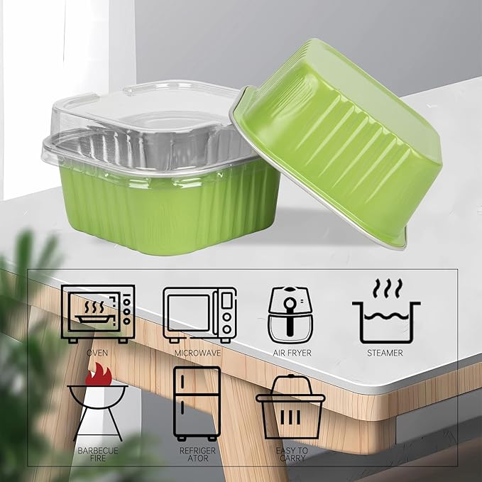 50 Pcs Mini Square Baking Cups with Lids,5oz Aluminum Foil Mini Cake Pans with Lids,Disposable Ramekins Cake Pans,150ml Dessert Cups Cupcake Pans for Wedding Birthday Party,Light Green