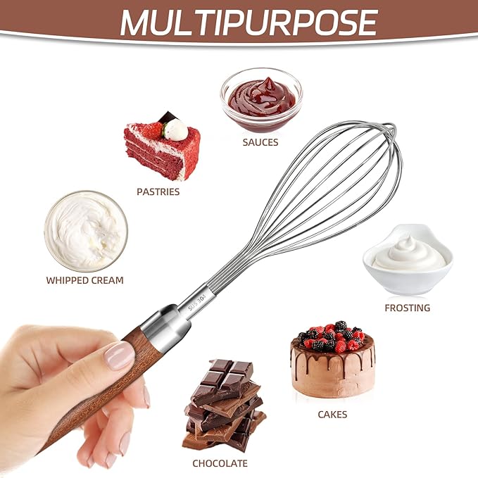 Stainless Steel Wire Whisk, Wooden Handle Kitchen Multi Function Non Stick Balloon Whisk Egg Beater for Blending Whisking, Beating, Frothing & Stirring Batters (10"L x 1.8"W)