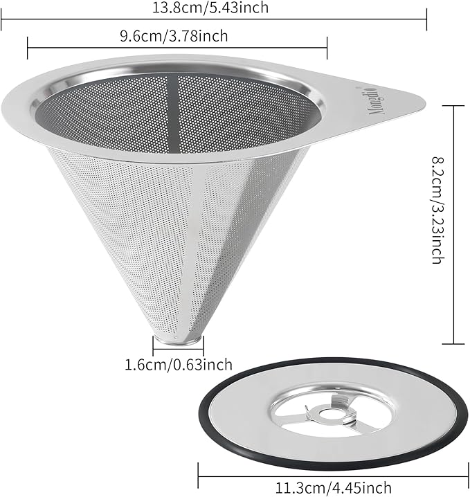 Mongdio Pour Over Coffee Dripper, Stainless Steel Coffee Dripper, Reusable Metal Coffee Filter, Double Mesh Design of Pour Over Coffee Maker, With Removable Base, 1-2 Cups