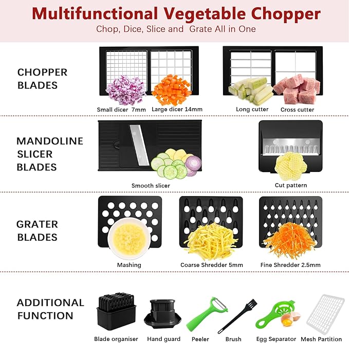 Vegetable Chopper, Onion Chopper Dicer, Mandoline Slicer, Food Chopper with Container, Vegetable Cutter for Salad Potato Carrot Garlic（9 Blades, White Black）