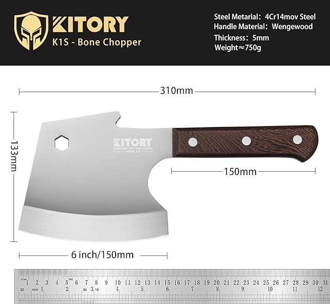 Kitory Meat Cleaver, Heavy Duty Bone Chopper Cleaver Knife, Full -Tang Axes Shape Super thick Blade, Bone Breaker, Butcher’s Kitchen Knife for Meat Cutting, Black Wenge Wood Handle -2025 Gifts