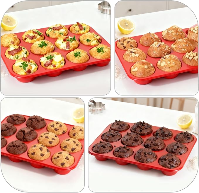 Silicone Muffin Pan for Baking: 12 Cup Muffin Pan with Metal Reinforced Frame, Regular Size Cupcake Egg Bites Molds for Baking, BPA Free Silicone Muffin Tray, Dishwasher Safe (1 Pack, Red)