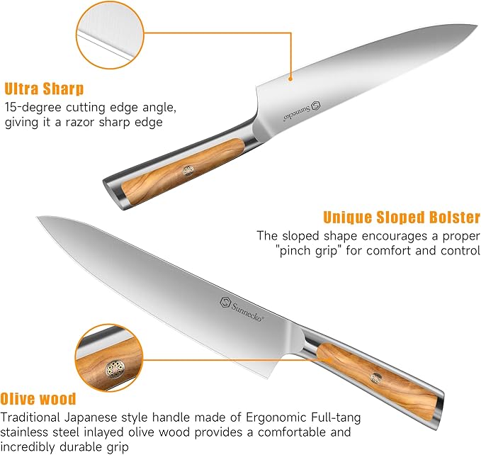 Sunnecko Knife Set for Kitchen - Block Knife Set of 6pcs with High Carbon Stainless Steel 1.4116 Chef Knife Set - Kitchen Knives with Olive Wood Handle and Acacia Wooden Knife Block
